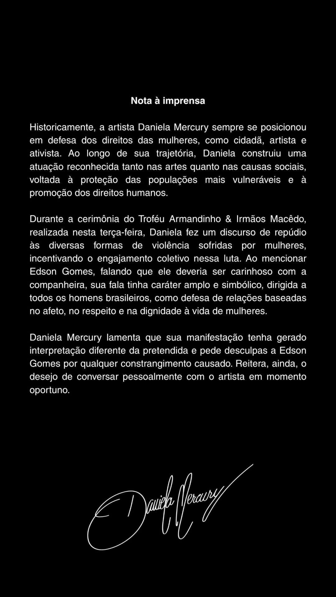 Daniela Mercury pede desculpas após acusar Edson Gomes de violência contra a mulher • Instagram/Daniela Mercury