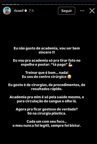 Desabafo foi feito em um storie do Instagram • Rico Melquiades / Instagram