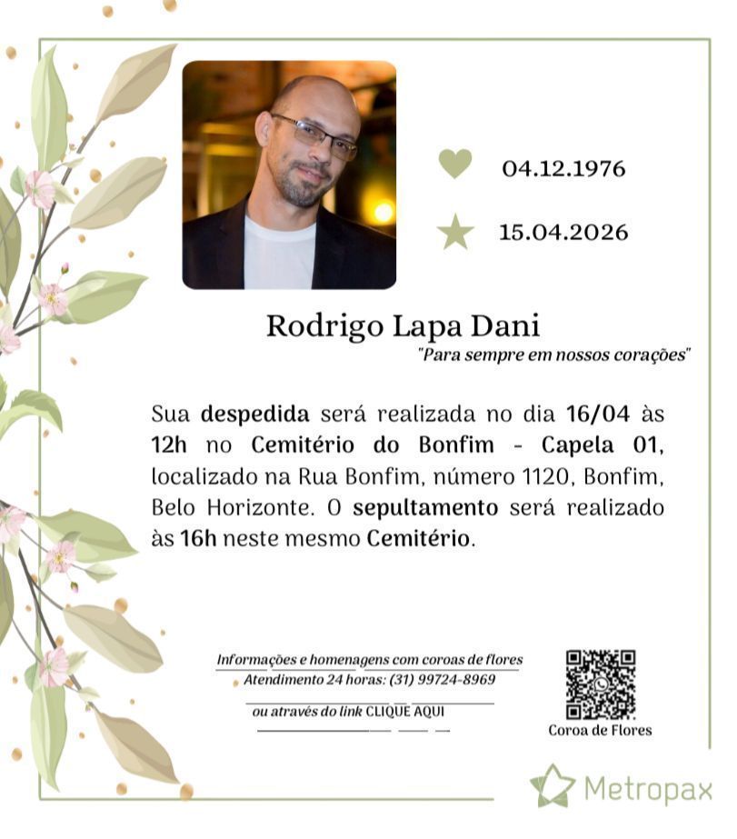 Rodrigo será velado nesta quinta-feira (16), em Belo Horizonte • Reprodução