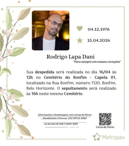 Rodrigo será velado nesta quinta-feira (16), em Belo Horizonte • Reprodução
