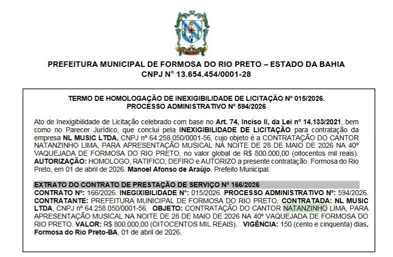 O Ministério Público da Bahia recomendou a suspensão de um contrato de R$ 800 mil para apresentação do cantor Natanzinho Lima na 40ª Vaquejada de Formosa do Rio Preto, cidade do oeste do estado • Prefeitura Formosa do Rio Preto