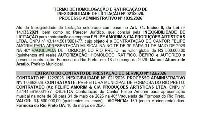 O órgão também ressalta que contratações com valores elevados exigem justificativas mais rigorosas, com comprovação de compatibilidade com o mercado e demonstração clara do interesse público • Prefeitura Formosa do Rio Preto