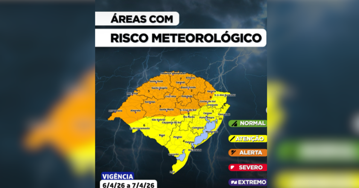 RS entra em alerta para chuva e ventos de 90 km/h com passagem de ciclone