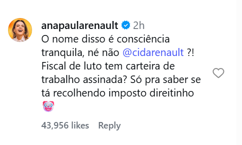 Ana Paula sai em defesa da irmã. Cida Renault, após críticas da internet • Instagram/Ana Paula Renault