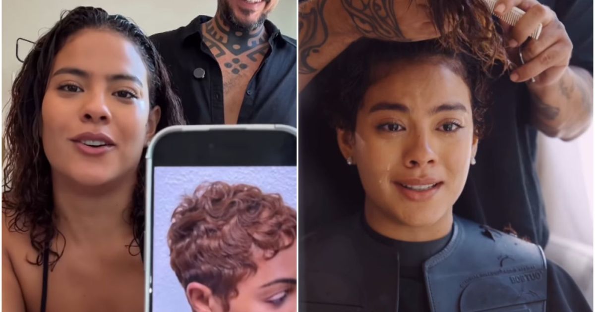 Bella Campos chora ao fazer transformação radical no cabelo; veja