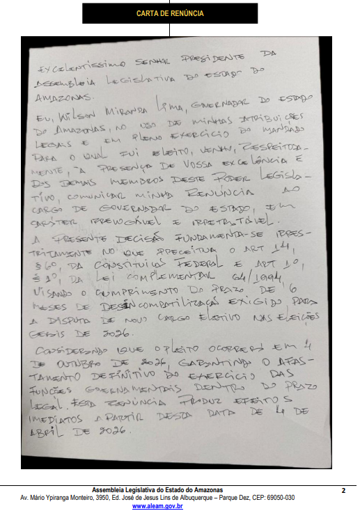 Carta de renúncia do governador Wilson Lima • Reprodução/Diário Oficial da Aleam