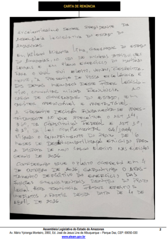 Carta de renúncia do governador Wilson Lima • Reprodução/Diário Oficial da Aleam