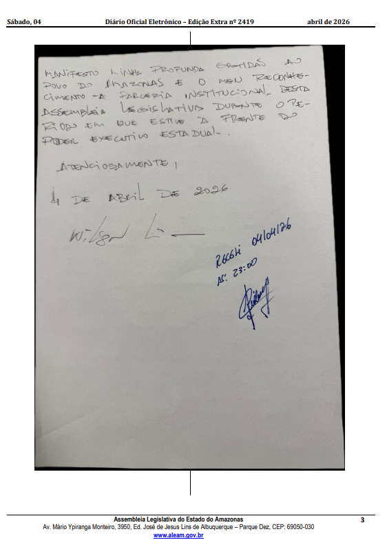 Carta de renúncia do governador Wilson Lima • Reprodução/Diário Oficial da Aleam