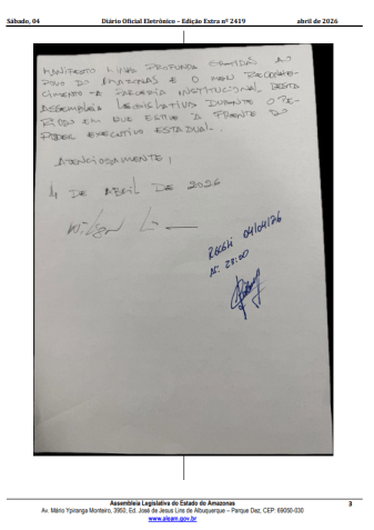 Carta de renúncia do governador Wilson Lima • Reprodução/Diário Oficial da Aleam