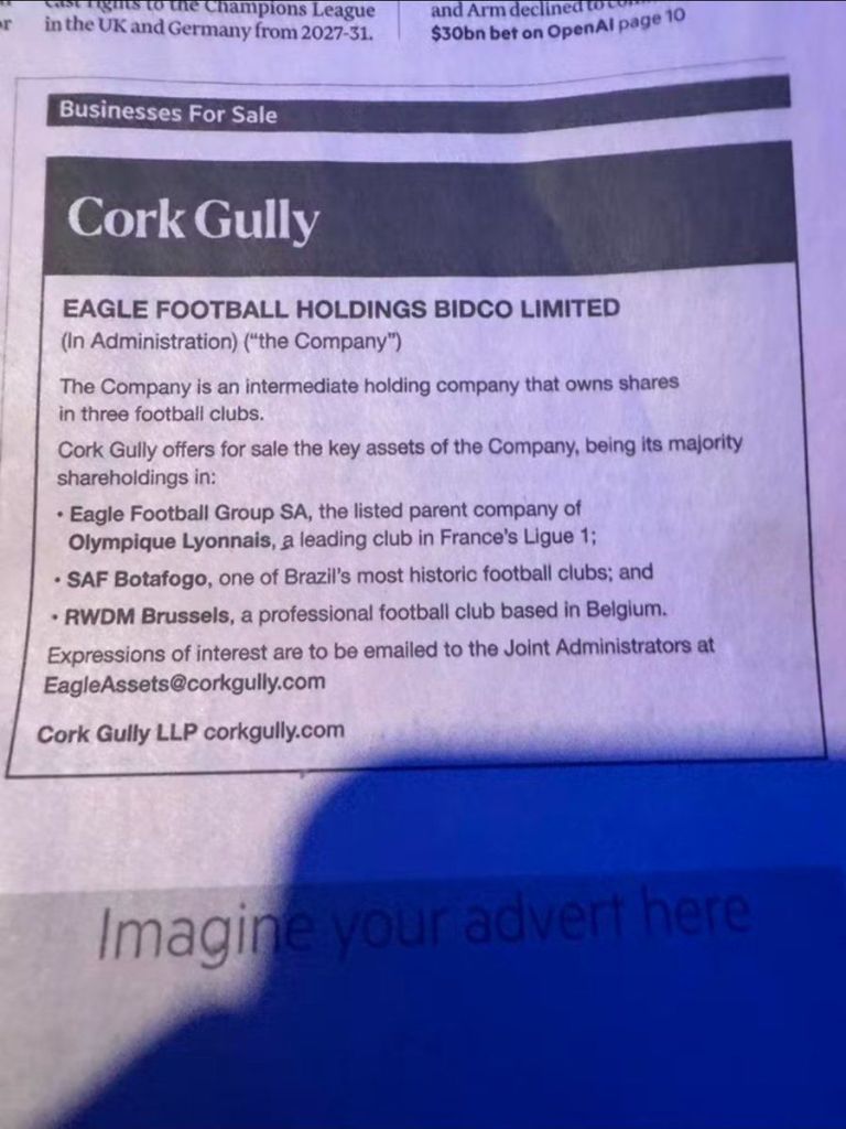 Anúncio de classificados do jornal inglês "Financial Times" com a oferta de venda do Botafogo