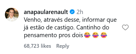 Ana Paula comenta em vídeo de Juliano e Milena se divertindo • Instagram/Ana Paula Renault