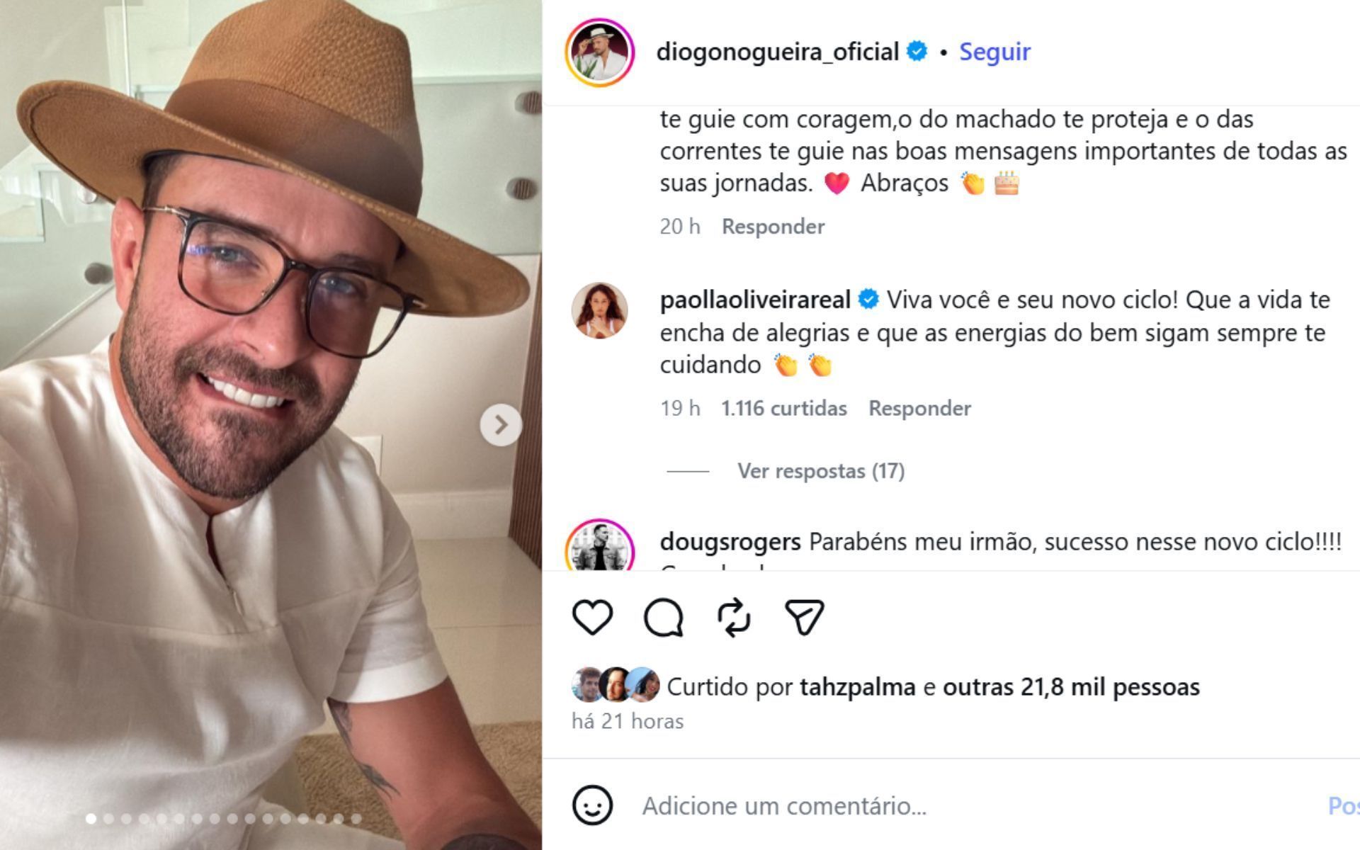 Diogo Nogueira recebeu recado de Paolla Oliveira no aniversário • Reprodução/Instagram