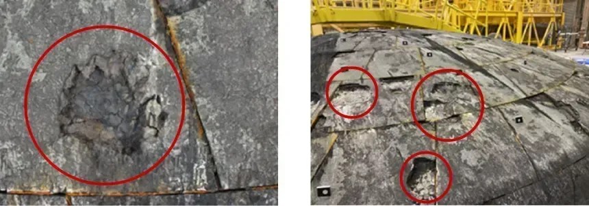 As imagens mostram o escudo térmico após a missão Artemis I, incluindo cavidades resultantes da perda de grandes partes do escudo térmico durante a reentrada • NASA