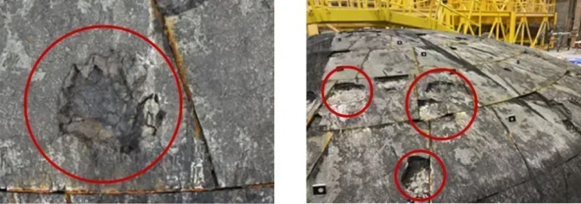 As imagens mostram o escudo térmico após a missão Artemis I, incluindo cavidades resultantes da perda de grandes partes do escudo térmico durante a reentrada • NASA