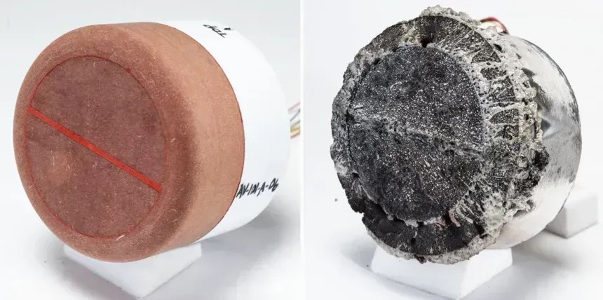As fotografias de antes e depois mostram os resultados do teste de aquecimento do material Avcoat durante 660 segundos • NASA
