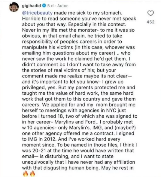Gigi Hadid se pronuncia sobre menções no caso Epstein • Instagram/Gigi Hadid