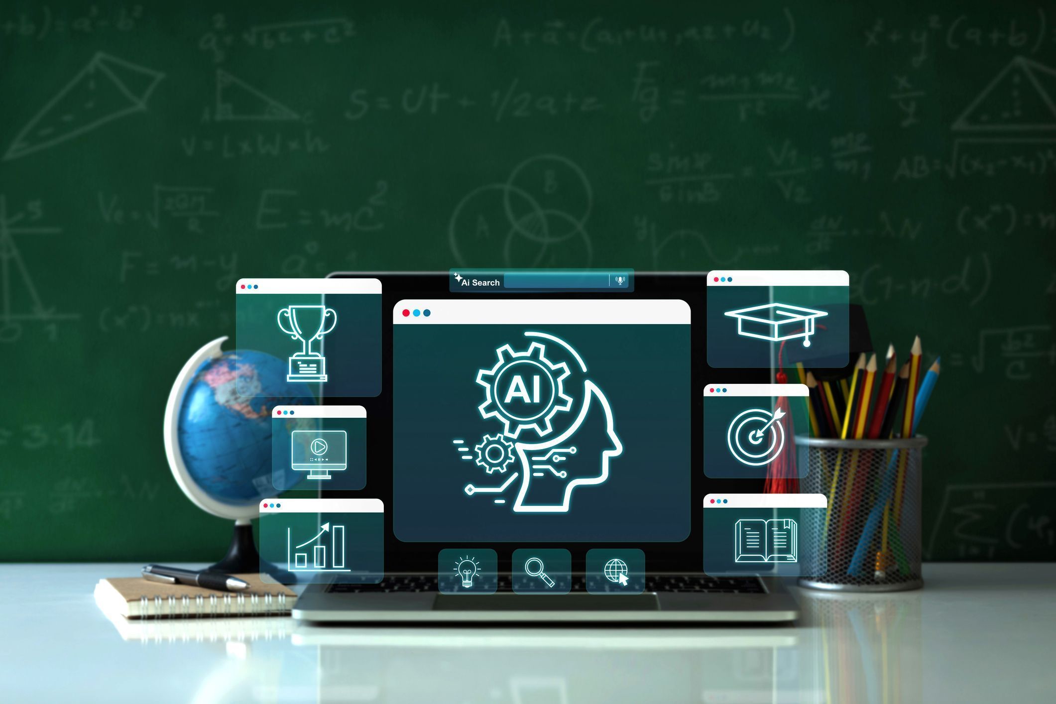 AI Artificial Intelligence for Education technology concept, E-learning technology, education icons on virtual screen. online learning, E-book. certificates, webinar.Generative AI-enhanced learning.