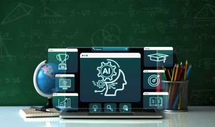 AI Artificial Intelligence for Education technology concept, E-learning technology, education icons on virtual screen. online learning, E-book. certificates, webinar.Generative AI-enhanced learning.
