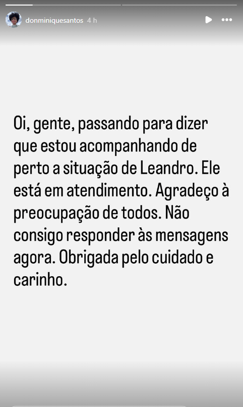Esposa do brother se manifestou nas redes após ele passar mal • Instagram/Donminique Santos