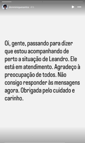 Esposa do brother se manifestou nas redes após ele passar mal • Instagram/Donminique Santos