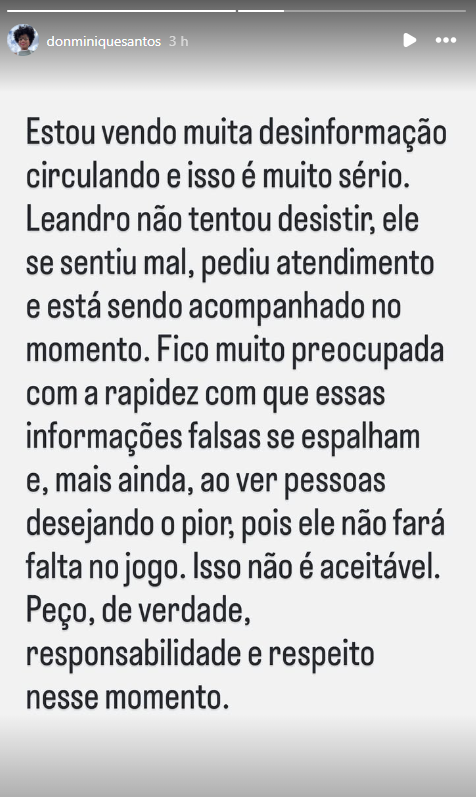 Esposa do brother se manifestou nas redes após ele passar mal • Instagram/Donminique Santos