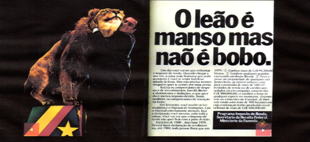 Imagem de publicidade com leão como simbolo do Imposto de Renda na década de 80