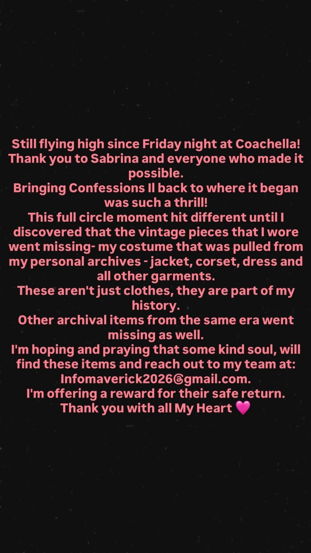 Madonna compartilha post afirmando ter tido peças de seu arquivo pessoal roubadas no Coachella 2026 • Instagram/Madonna
