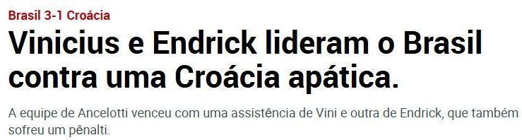 O jornal Marca publicou: "Vinicius e Endrick lideram o Brasil contra uma Croácia apática" • Reprodução