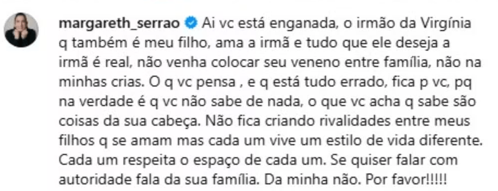 Mãe de Virginia nega crise familiar