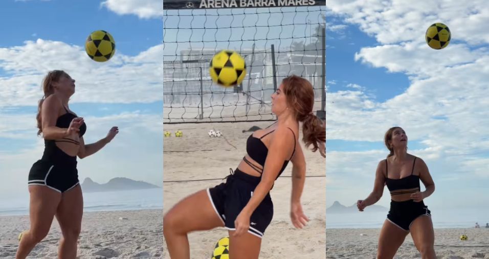 Paolla Oliveira se arrisca no futevôlei: “Chama no ombrinho”