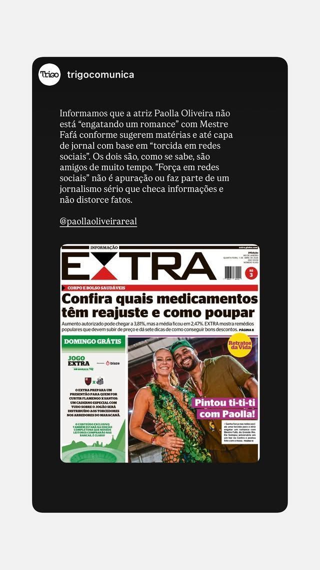 Paolla Oliveira se pronuncia sobre rumores de affair com mestre Fafá • Instagram/Paolla Oliveira