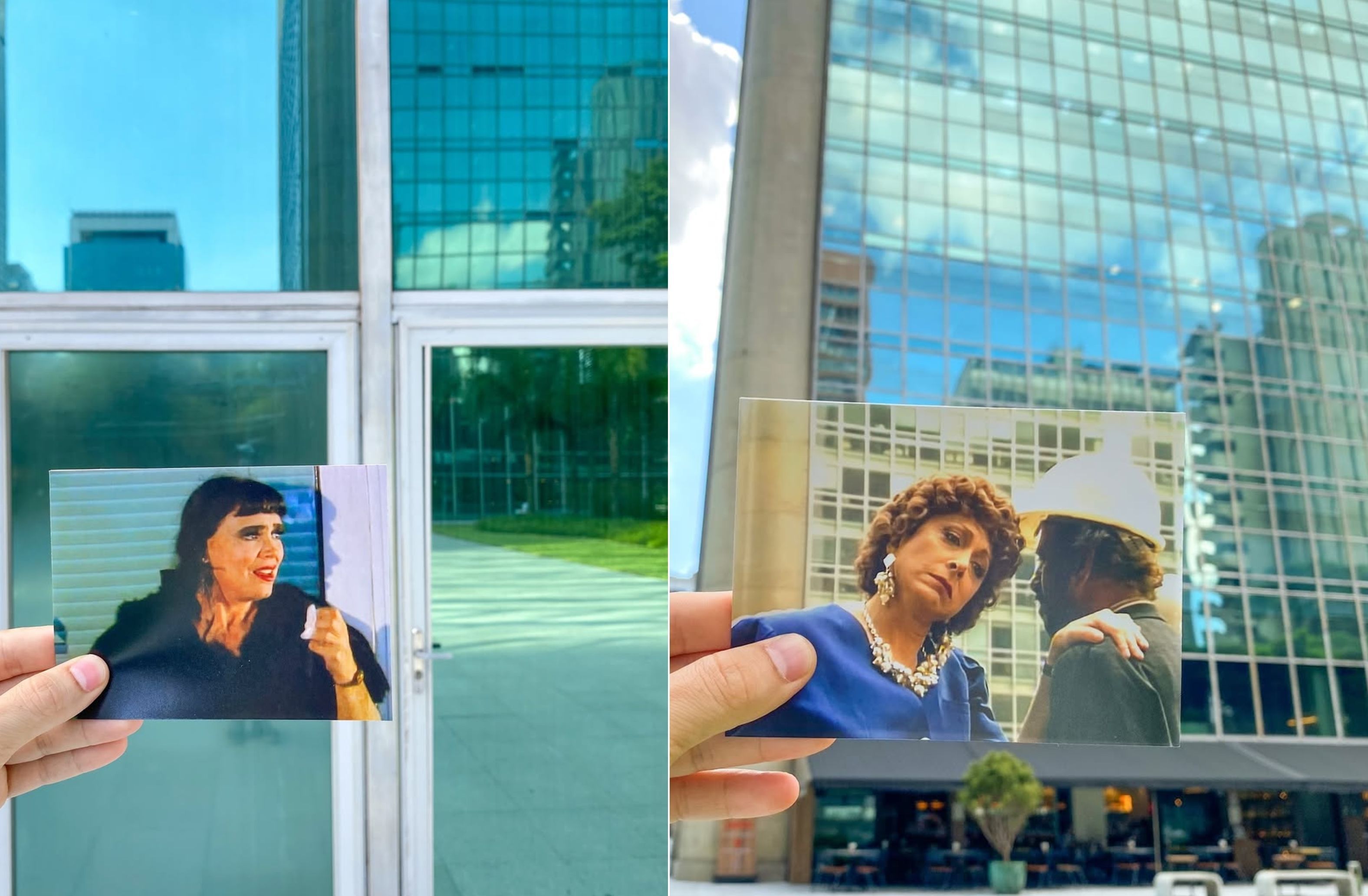Maria do Carmo e Dona Armênia brigavam pelo edifício, que quase foi parar "na chón" em "Rainha da Sucata"; Diogo e Leandro, do perfil "Sabe Aquela Cena", encontraram imagens da época e foram ao prédio comparar • Reprodução/Instagram @sabeaquelacena
