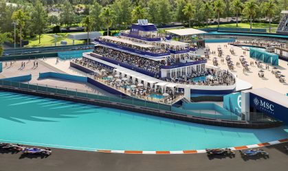 Superiate montado no GP de Miami de Fórmula 1 tem 80 metros de comprimento e 15 metros de altura, com vista da pista nas curvas 5 a 9 e ponto elevado na curva 7