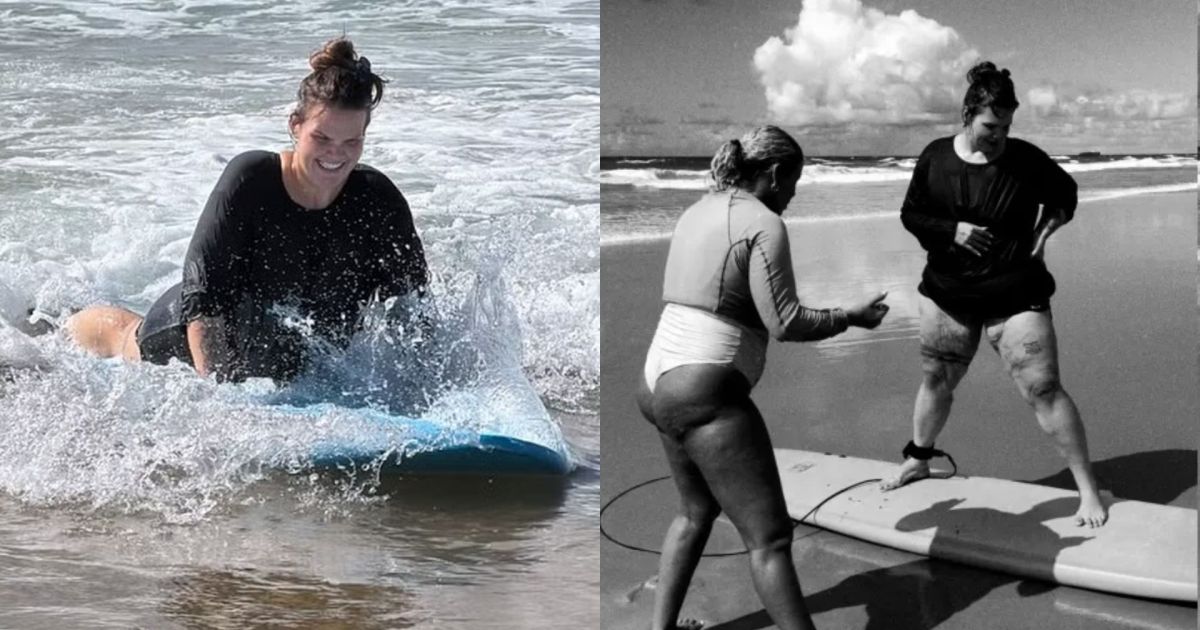 Thais Carla faz aula de surfe após perder 85 kg e promete nova fase
