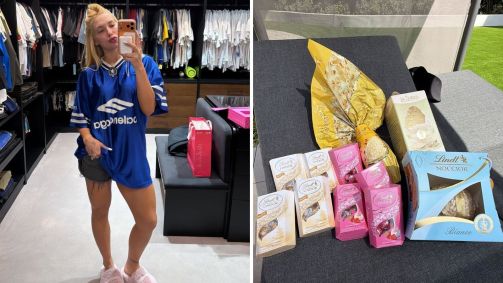 Virginia mostra chocolates que recebeu de Vini Jr.