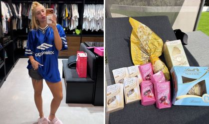 Virginia mostra chocolates que recebeu de Vini Jr.