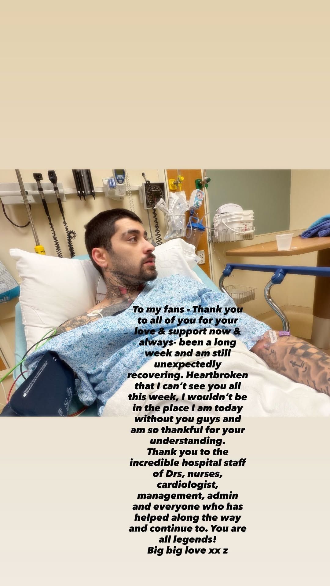 Zayn Malik, ex-One Direction, revela estar internado no hospital • Instagram/Zayn Malik