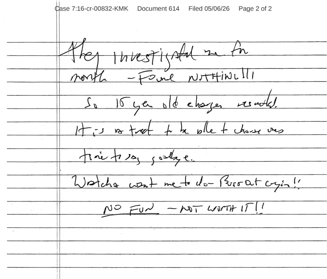 Suposta carta de suicídio deixada por Jeffrey Epstein • Tribunal Distrital dos EUA para o Distrito Sul de Nova York