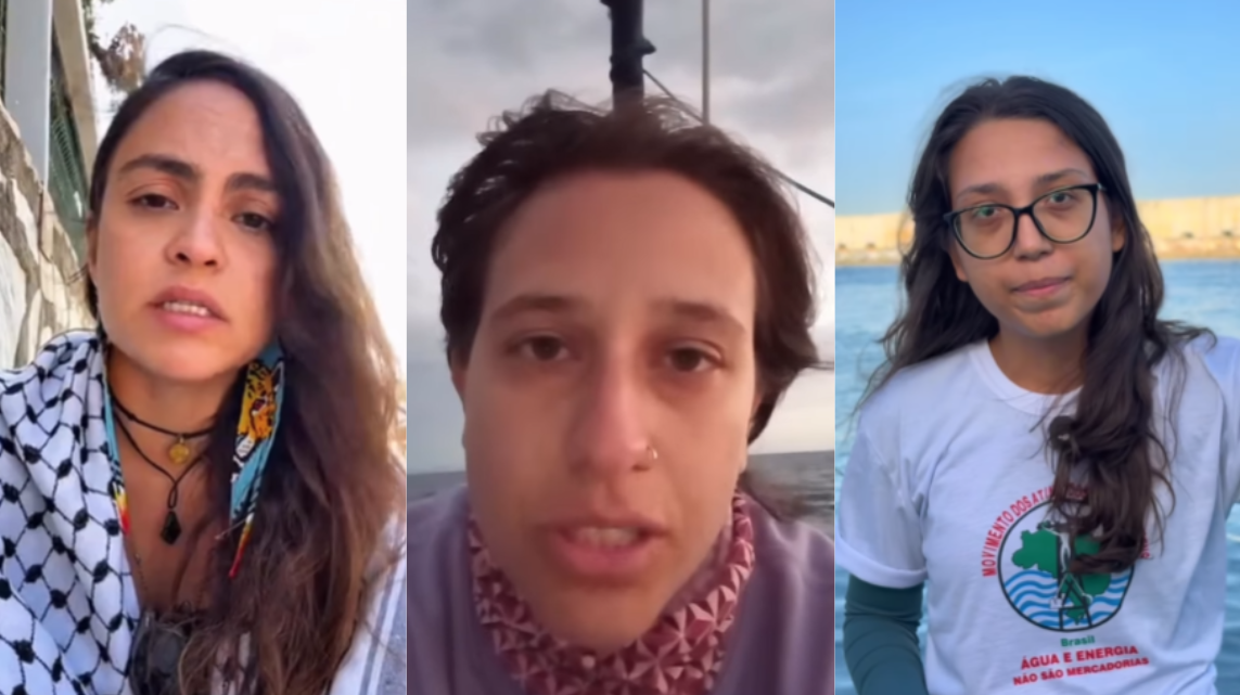 As brasileiras Ariadne Telles, Thainara Rogerio e Beatriz Moreira, que estavam a bordo da Flotilha humanitária Global Sumud interceptada pos Israel