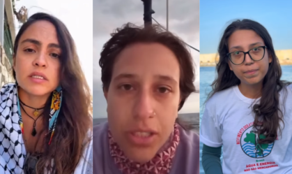 As brasileiras Ariadne Telles, Thainara Rogerio e Beatriz Moreira, que estavam a bordo da Flotilha humanitária Global Sumud interceptada pos Israel