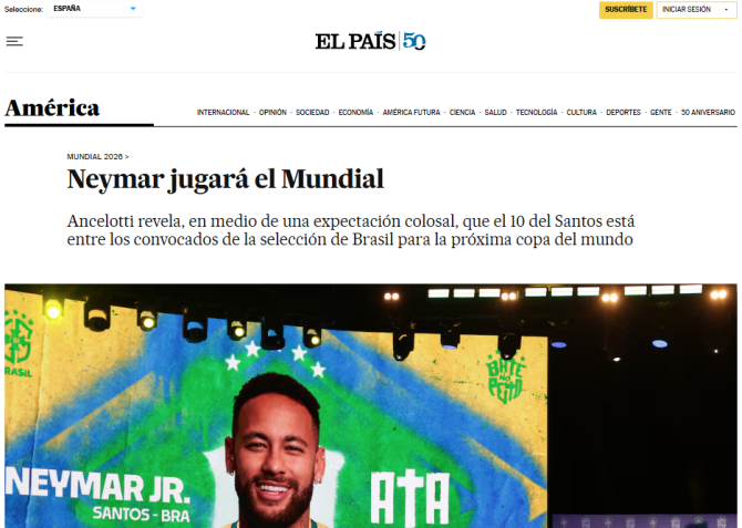Jornal espanhol El País repercute a convocação de Neymar para a Seleção Brasileira • Reprodução/El País