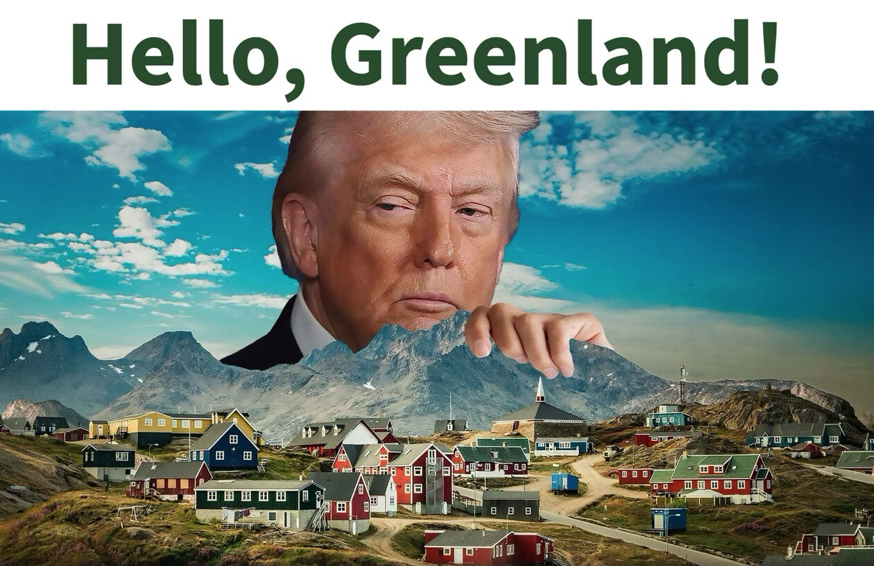 Imagem publicada pelo presidente dos EUA, Donald Trump, onde ele aparece "segurando" a Groenlândia