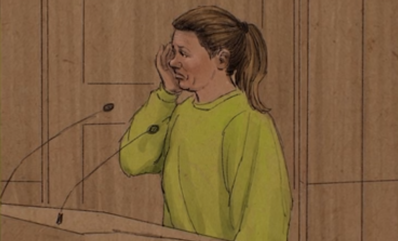 Esboços do tribunal durante a sentença de Aimee Bock na quinta-feira (21) • Cedric Hohnstadt