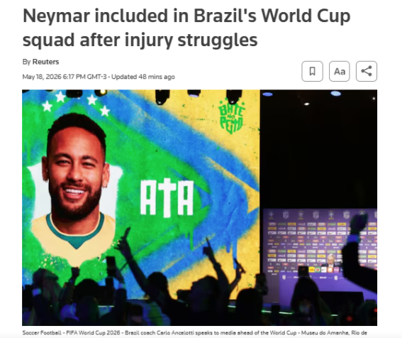 Agência de notícias Reuters repercute a convocação de Neymar para a Seleção Brasileira • Reprodução/Reuters