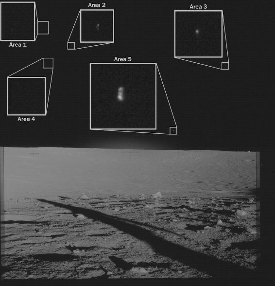 A investigação envolve uma fotografia da missão Apollo 17 tirada em dezembro de 1972, que mostra três pontos em formação triangular no céu lunar, visíveis após ampliação da imagem. • U.S Department of War