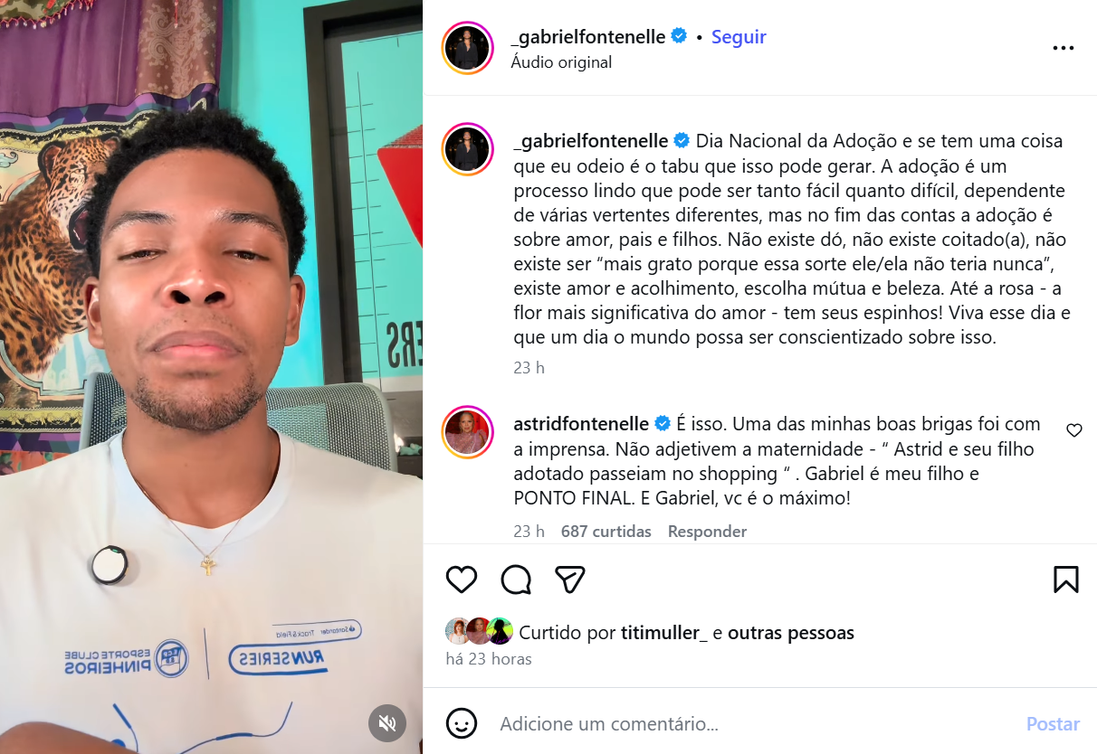 Astrid Fontenelle comenta em publicação do filho • Reprodução/Instagram Gabriel Fontenelle