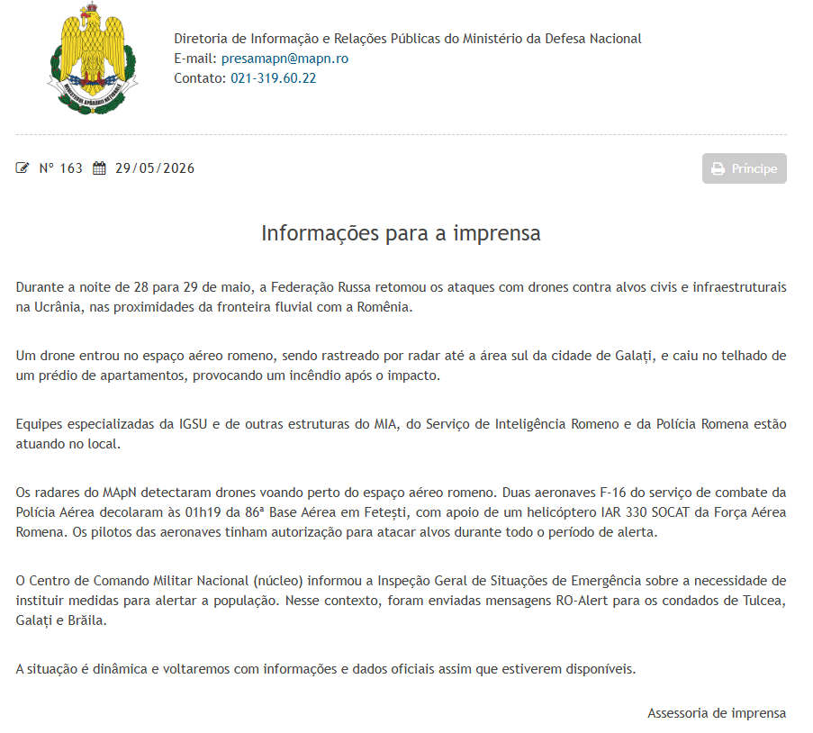 Ministério da Defesa da Romênia divulga comunicado após drone russo atingir prédio residencial nesta sexta-feira (29) • Ministério da Defesa da Romênia