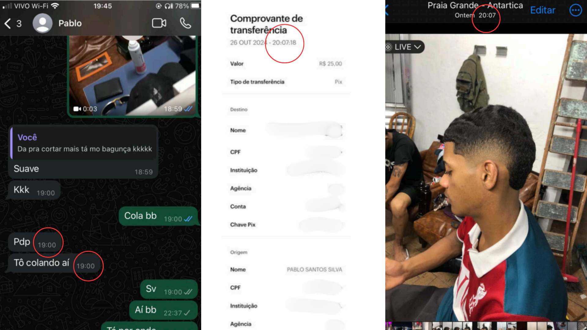 Capturas de tela mostram que Pablo estava no estabelecimento comercial no momento do roubo • Arquivo pessoal