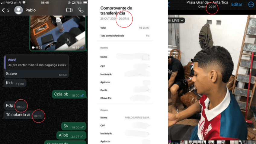 Capturas de tela mostram que Pablo estava no estabelecimento comercial no momento do roubo • Arquivo pessoal