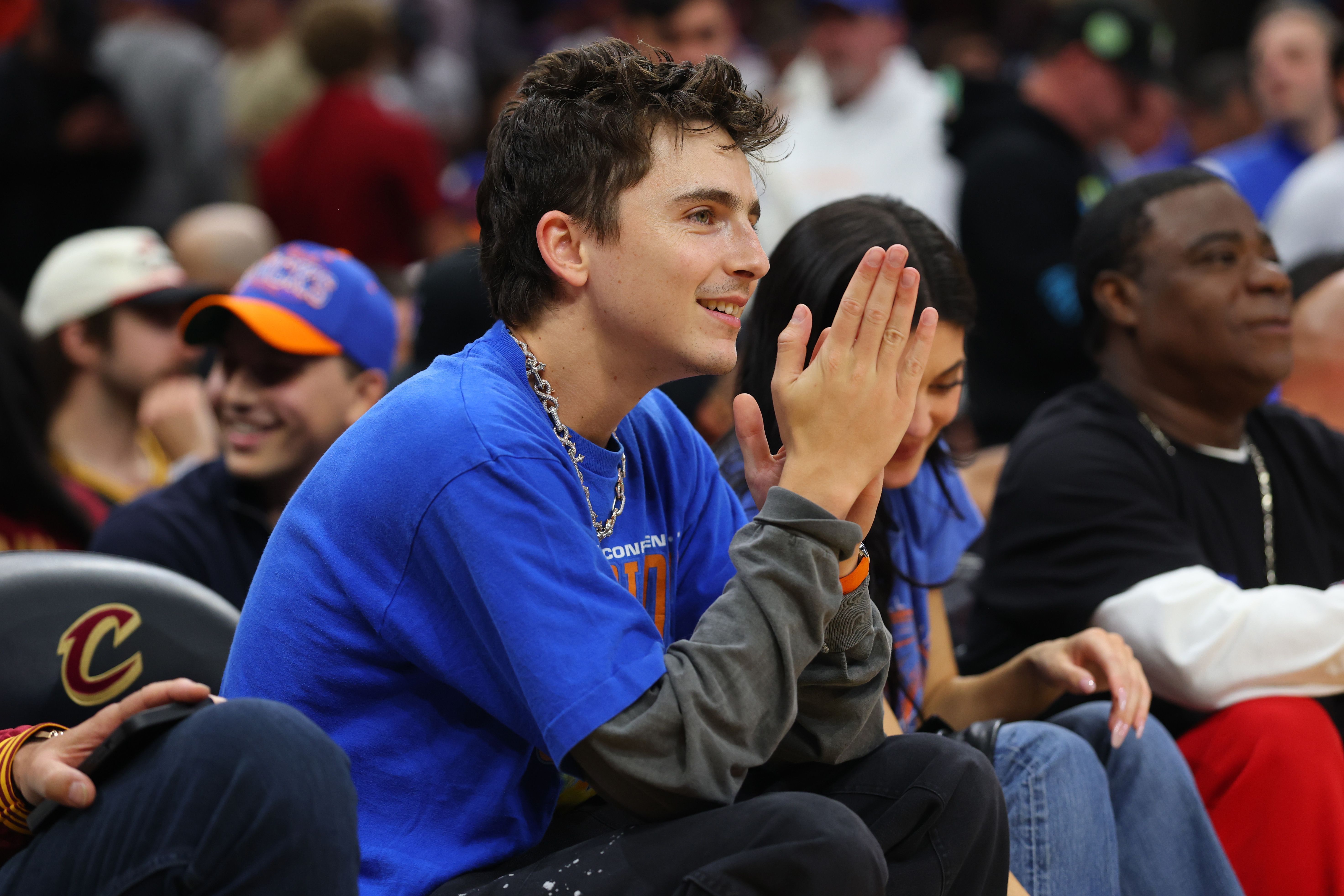 Timothée Chalamet foi a Cleveland e acompanhou a vitória que deu o título do Leste aos Knicks • Gregory Shamus/Getty Images